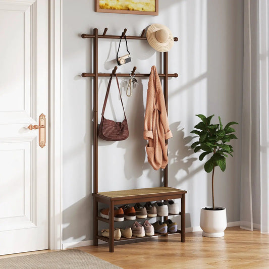 Bamboo Coat Rack with Bench and Shoe Storage, dark brown frame, woven cane bench seat on Tampa Home & Garden Store