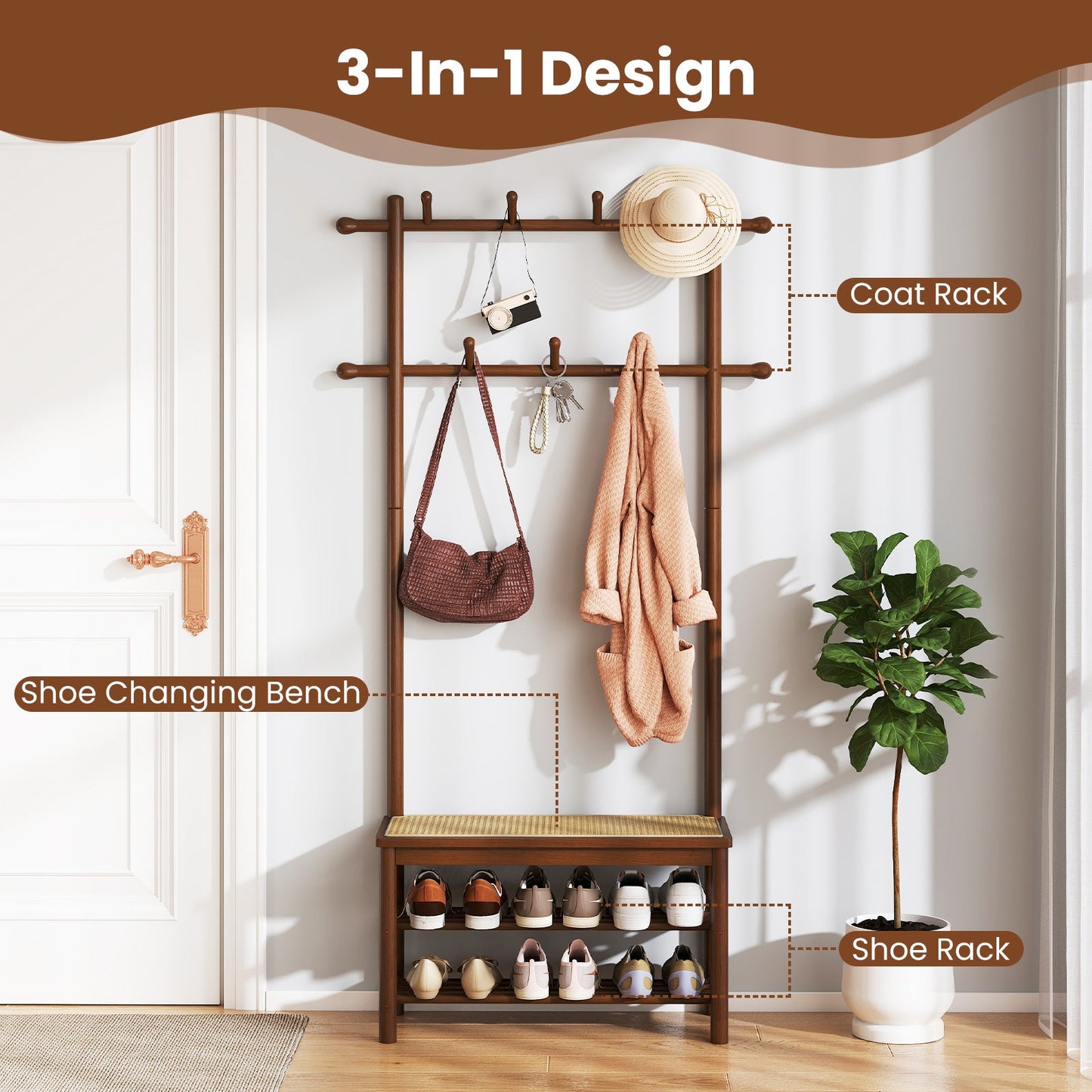 Bamboo coat rack with bench and shoe storage, 3-in-1 hall tree with hooks in brown finish on Tampa Home & Garden Store