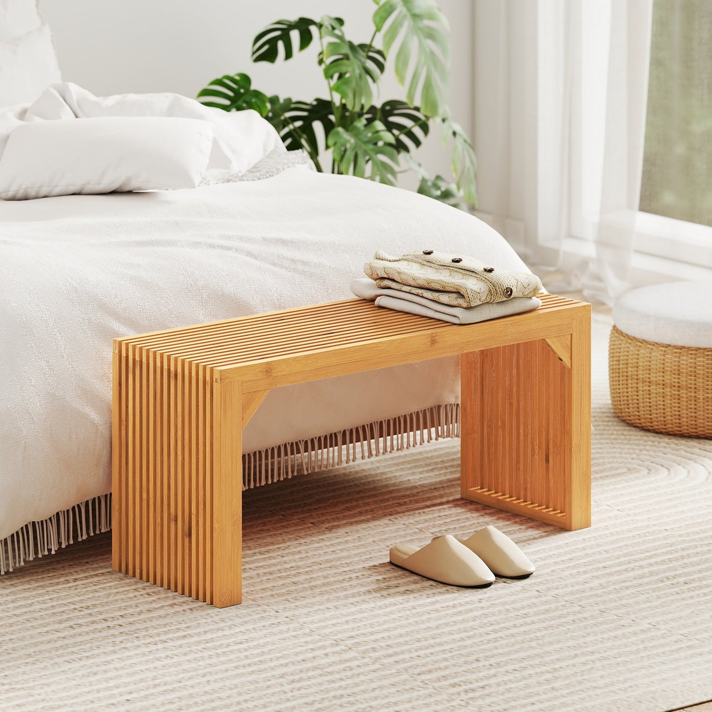 Bamboo dining bench natural wood finish with slatted sides indoor outdoor use DirectDeals on Tampa Home & Garden Store