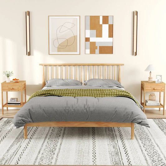 Natural bamboo nightstands with drawers and open shelves set of 2 beside a wooden bed on Tampa Home & Garden Store