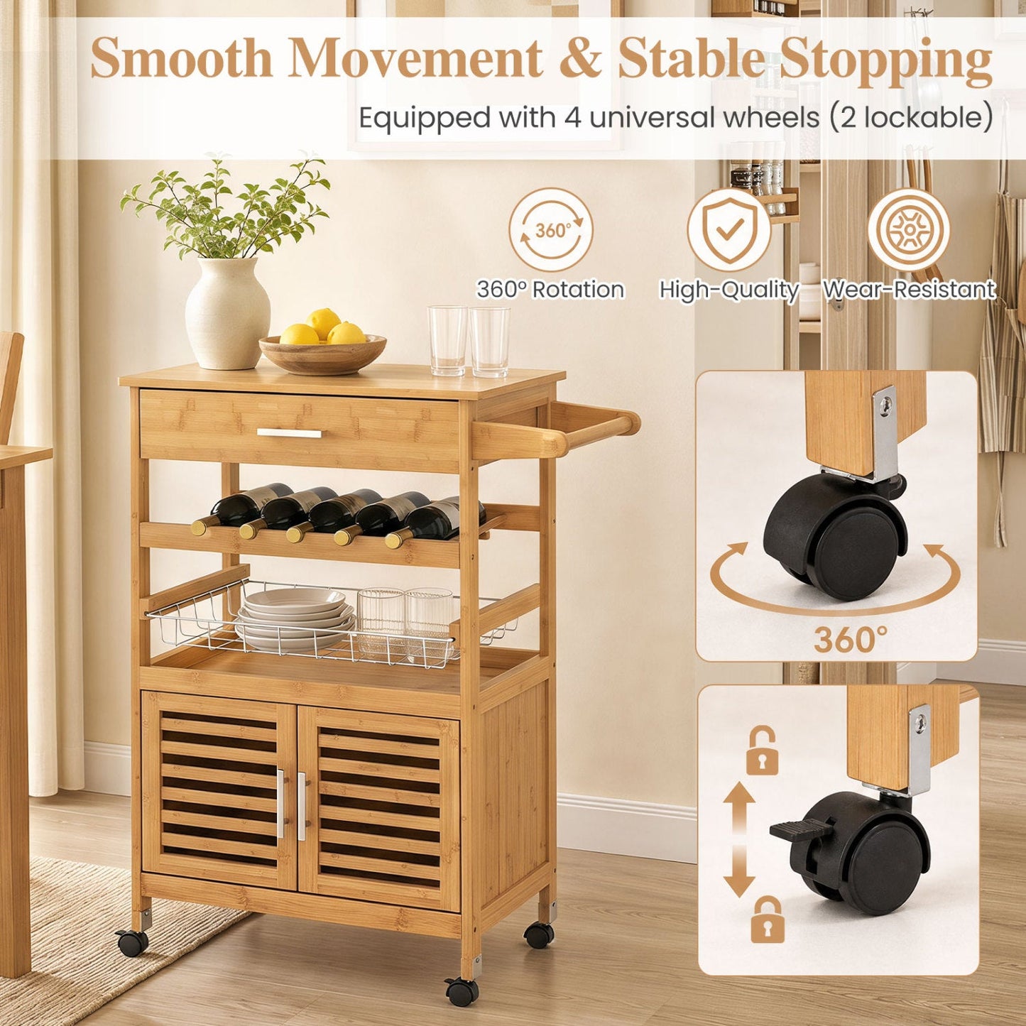DirectDeals rolling kitchen island cart in wood with wine rack, drawer and cabinet on wheels on Tampa Home & Garden Store