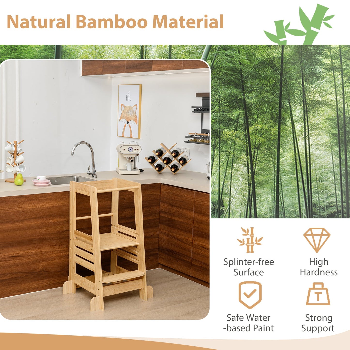 Natural bamboo kids kitchen step stool with safety rails, toddler-height for the kitchen on Tampa Home & Garden Store