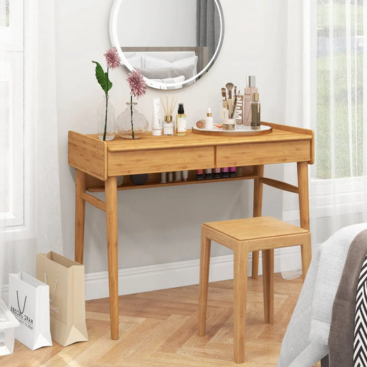 Bamboo writing desk with 2 storage drawers and open shelf in natural finish on Tampa Home & Garden Store