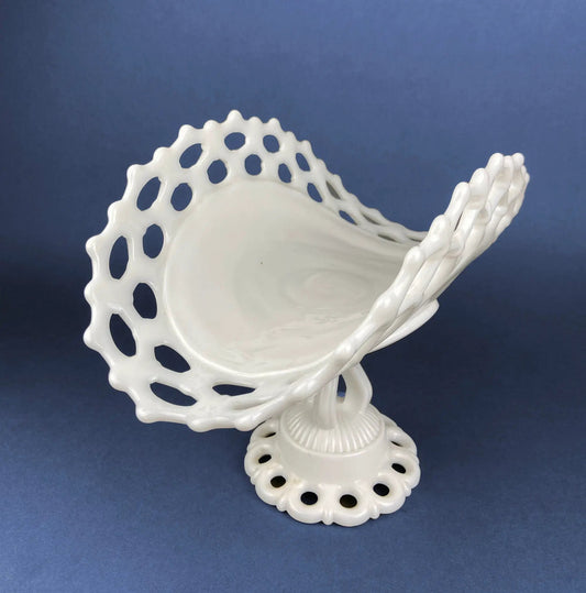 Banana Bowl. Westmoreland Vintage Milk Glass Pedestal Bowl. Reticulated Edge and Doric Stand. Table Centerpiece. - Tampa Home & Garden Store