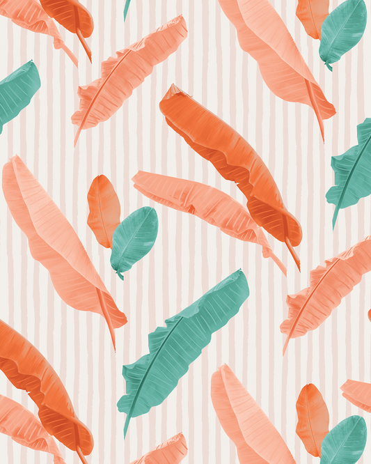 Banana Cabana Wallpaper coral and teal tropical leaf pattern by Samantha Santana Creative on Tampa Home & Garden Store