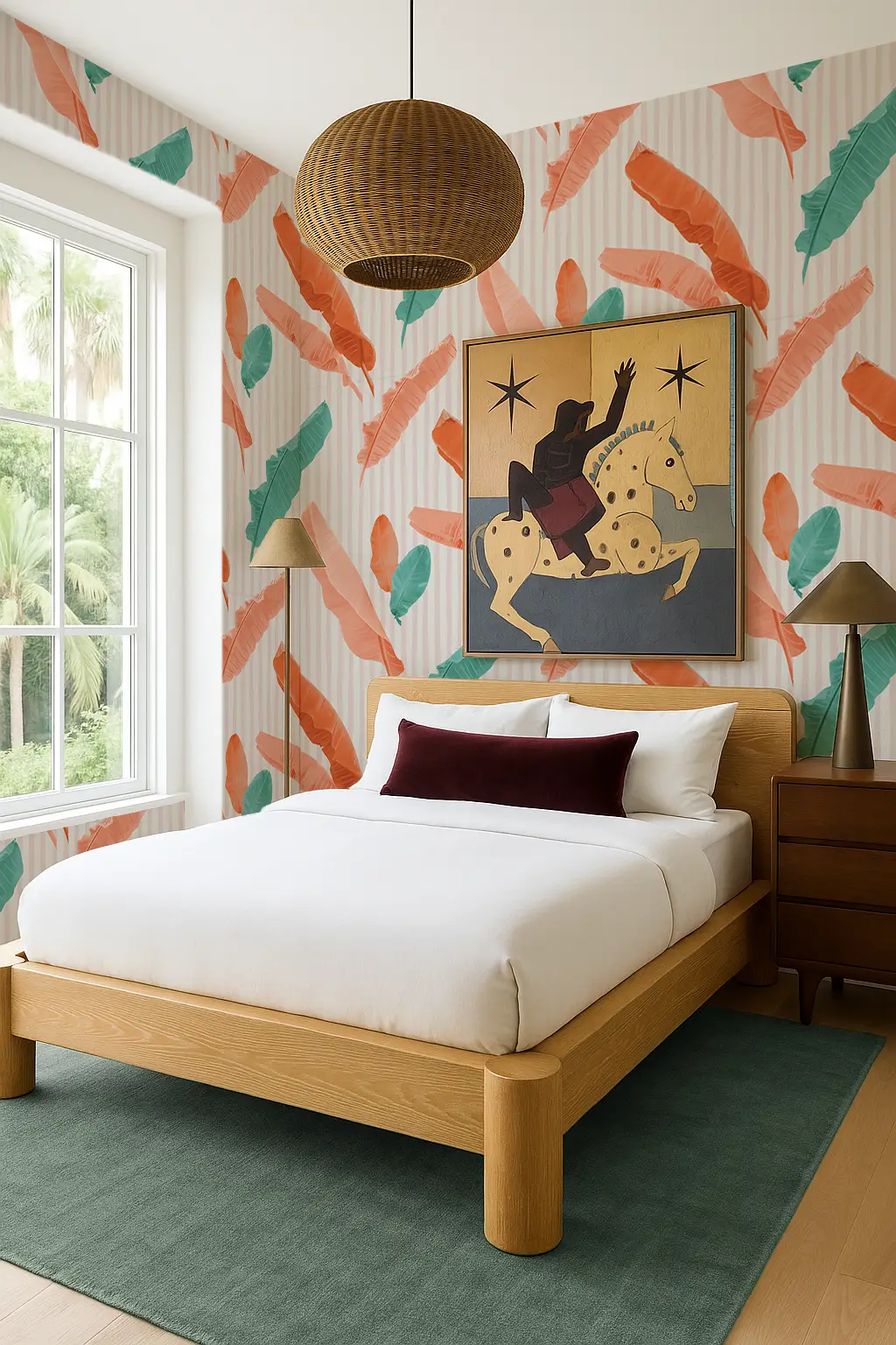 Banana Cabana wallpaper coral and teal tropical leaf pattern by Samantha Santana Creative on Tampa Home & Garden Store