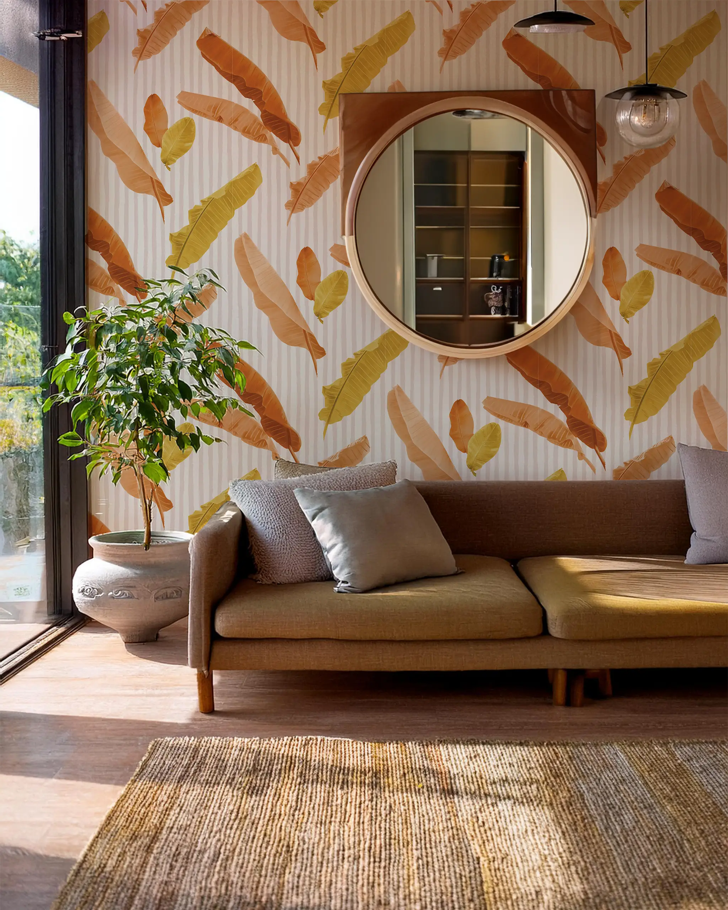 Banana Cabana wallpaper rust and mustard banana leaf print by Samantha Santana Creative on Tampa Home & Garden Store