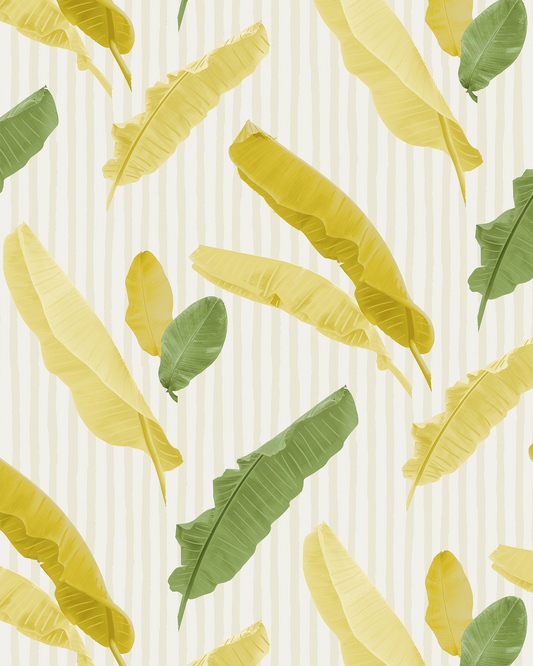 Banana Cabana Wallpaper yellow banana leaf pattern on cream stripes Samantha Santana on Tampa Home & Garden Store