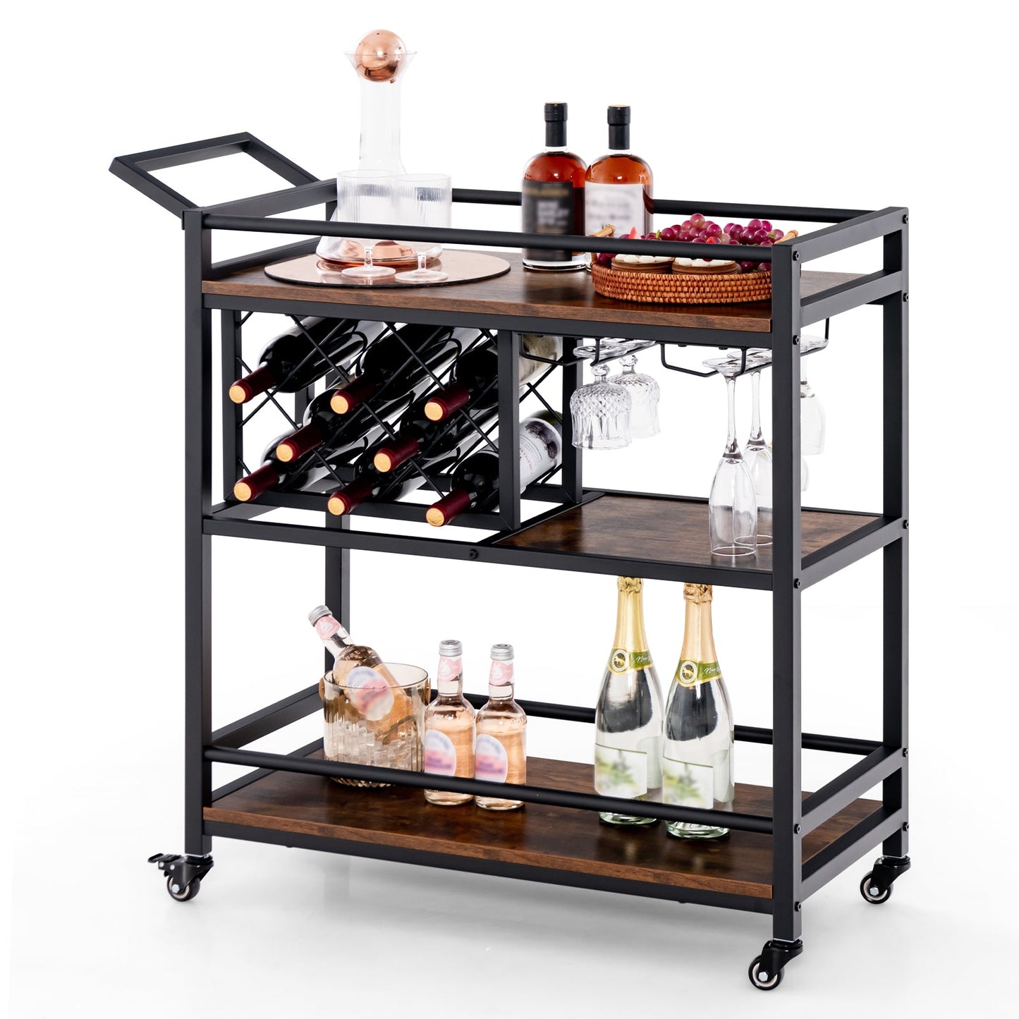 3-tier Bar Cart on Wheels Home Kitchen Serving Cart with Wine Rack and Glasses Holder-Brown
