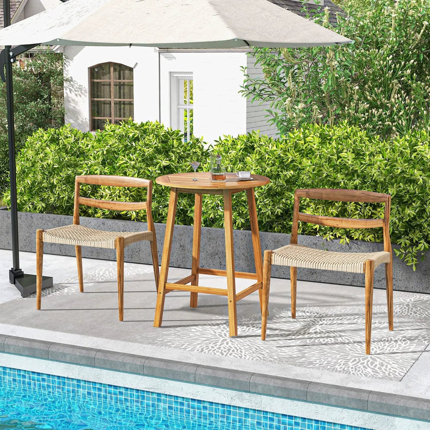 Bar height outdoor round wooden table with umbrella hole and matching stools DirectDeals on Tampa Home & Garden Store
