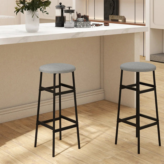 Bar stools DirectDeals set of 2 with metal frame and footrest, round grey upholstered seats on Tampa Home & Garden Store