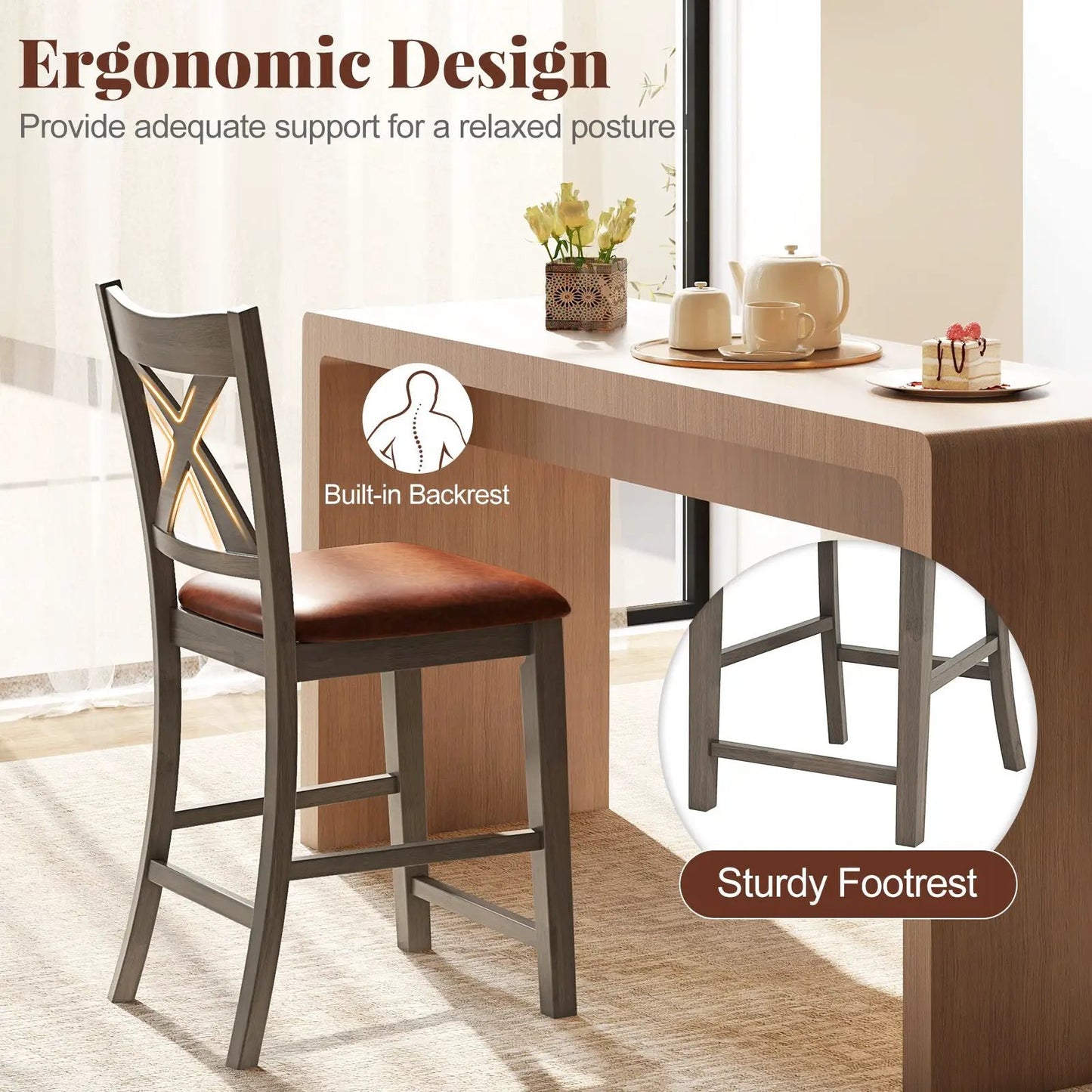Bar Stools Set of 2 with cross-back gray faux leather and built-in footrests DirectDeals on Tampa Home & Garden Store