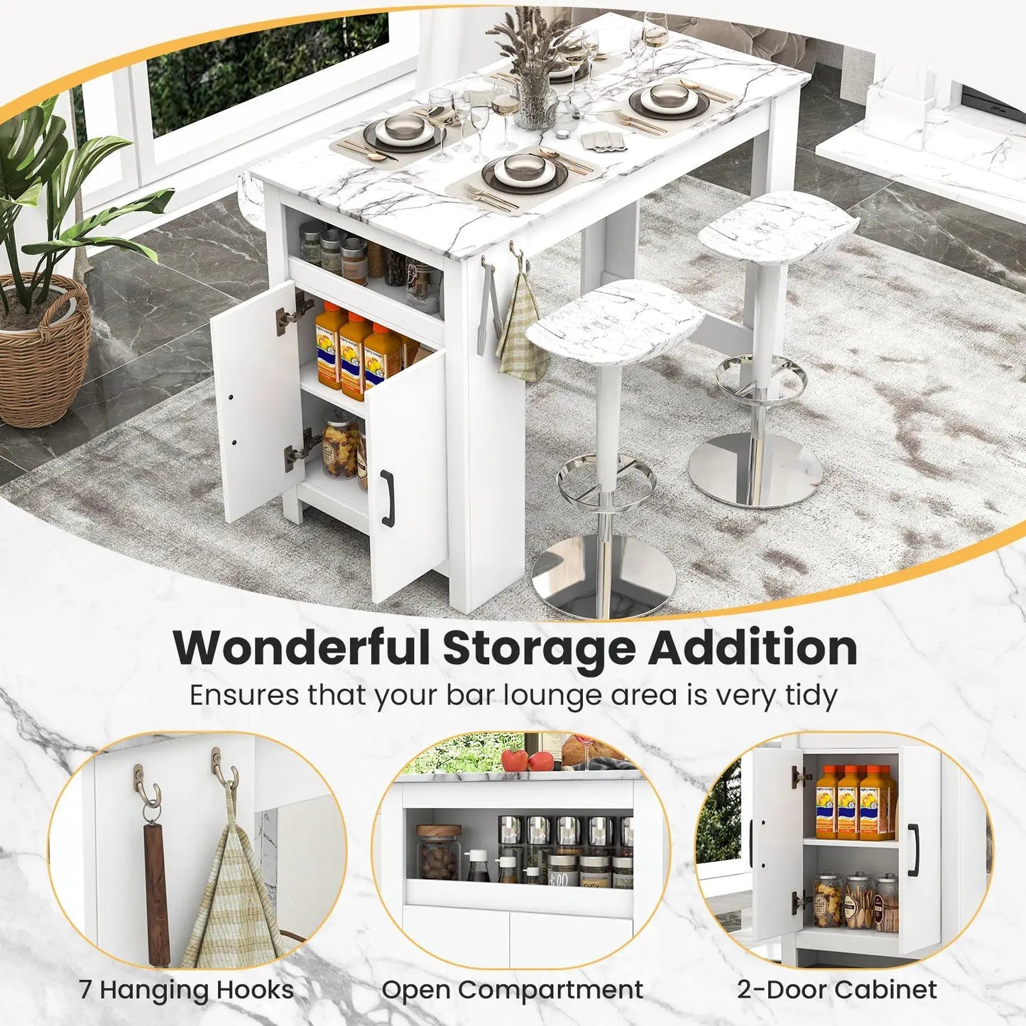 White bar table with faux marble top, seven hooks and open cabinet; two stools DirectDeals on Tampa Home & Garden Store