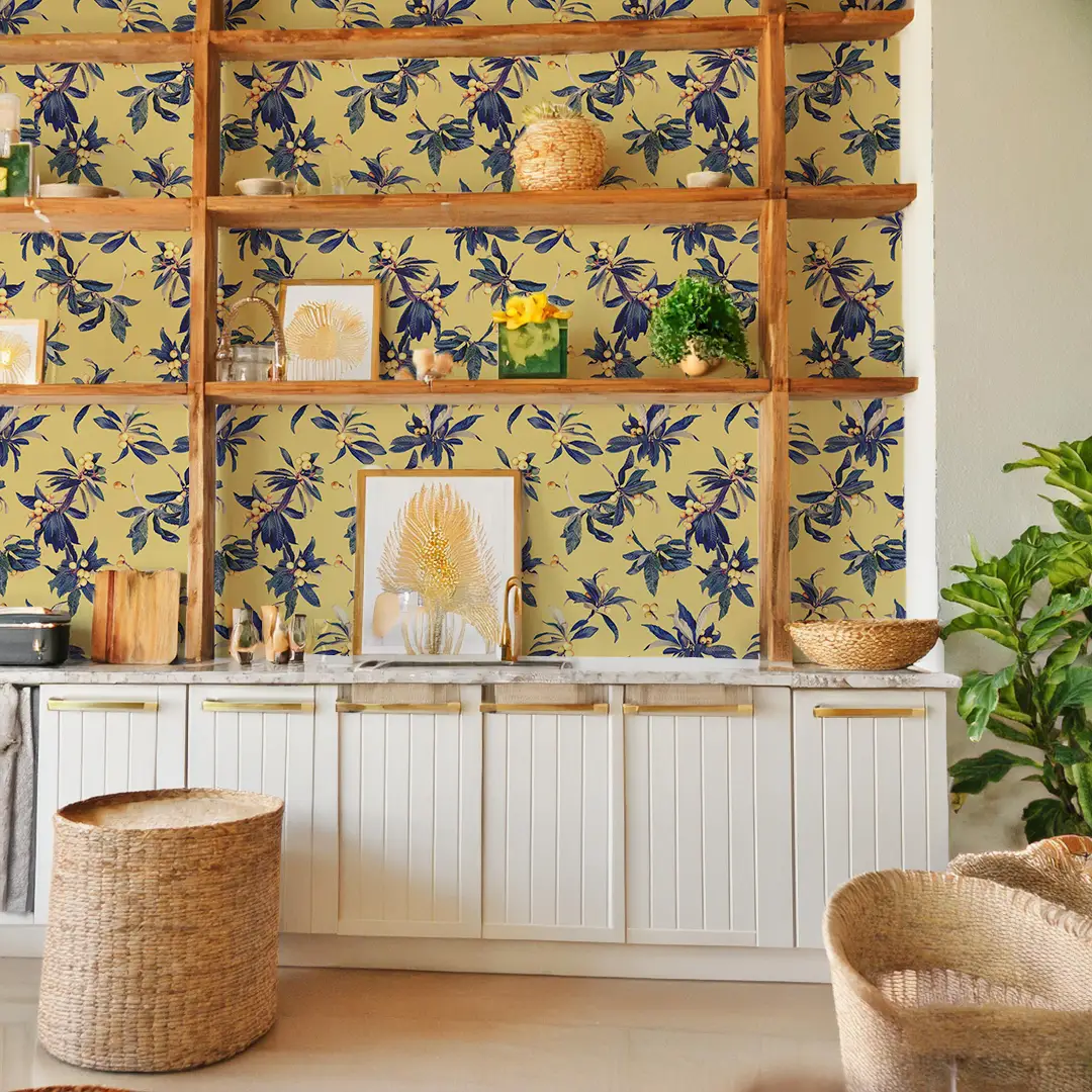 Loquat Love Wallpaper in Sunny Yellow by Samantha Santana Creative, botanical pattern on Tampa Home & Garden Store