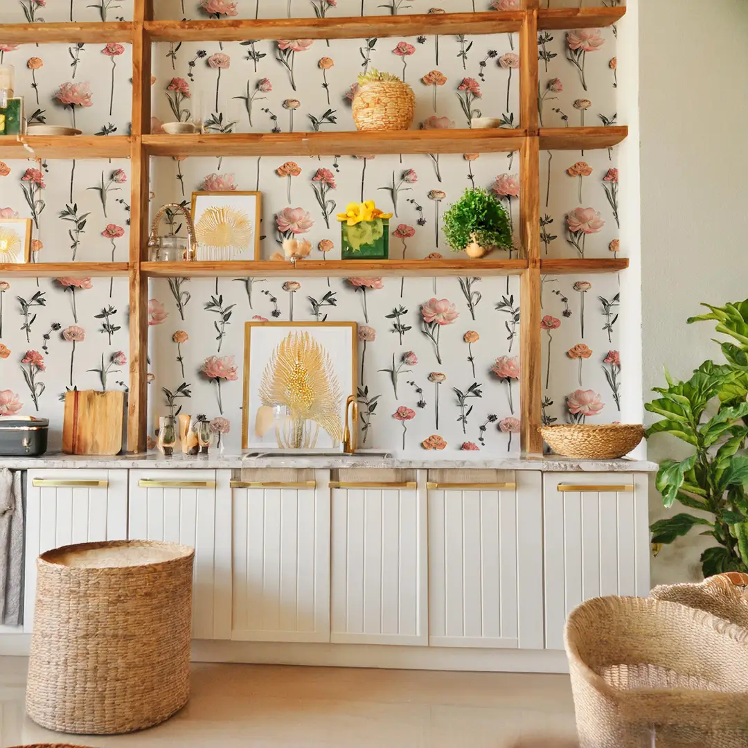 Fresh to Death wallpaper Muted Autumn Flowers behind wooden shelves in kitchen on Tampa Home & Garden Store