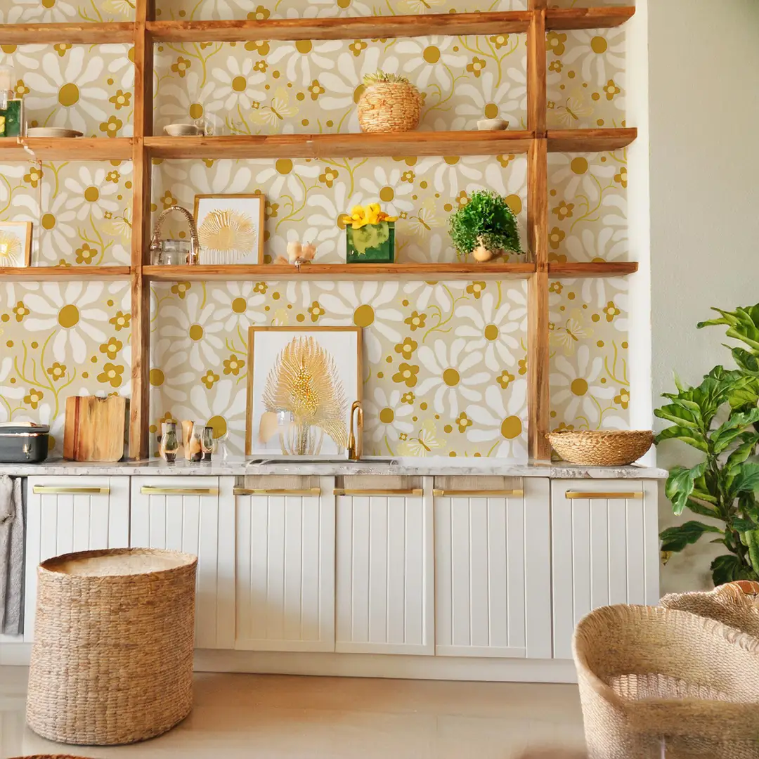 Spring Daze Wallpaper Tan and Toffee Daisies bold floral pattern on pale background on Tampa Home & Garden Store