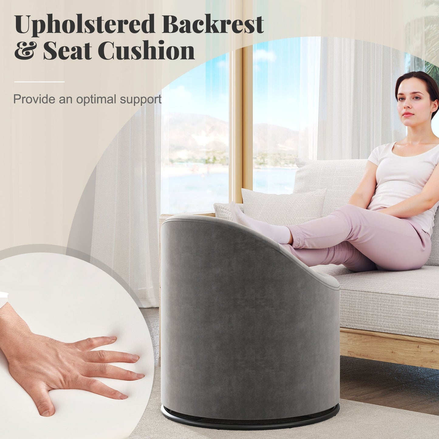 Grey velvet barrel chair with storage and 360° swivel in living room on Tampa Home & Garden Store