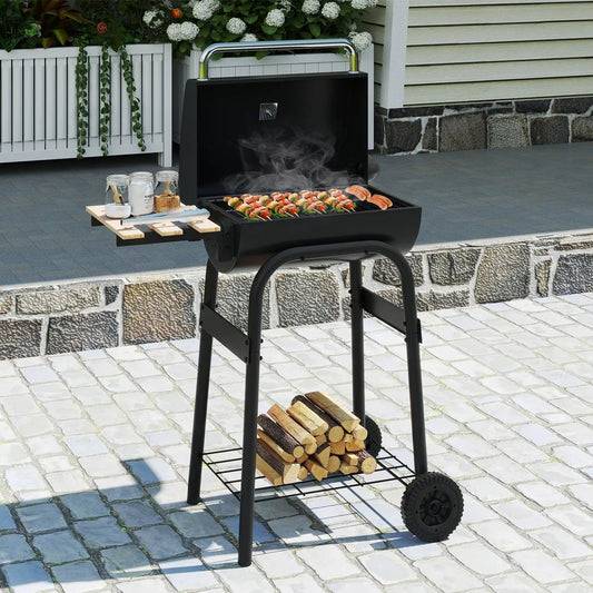 Barrel charcoal grill with fold-out side table and thermostat, black finish on wheeled stand on Tampa Home & Garden Store