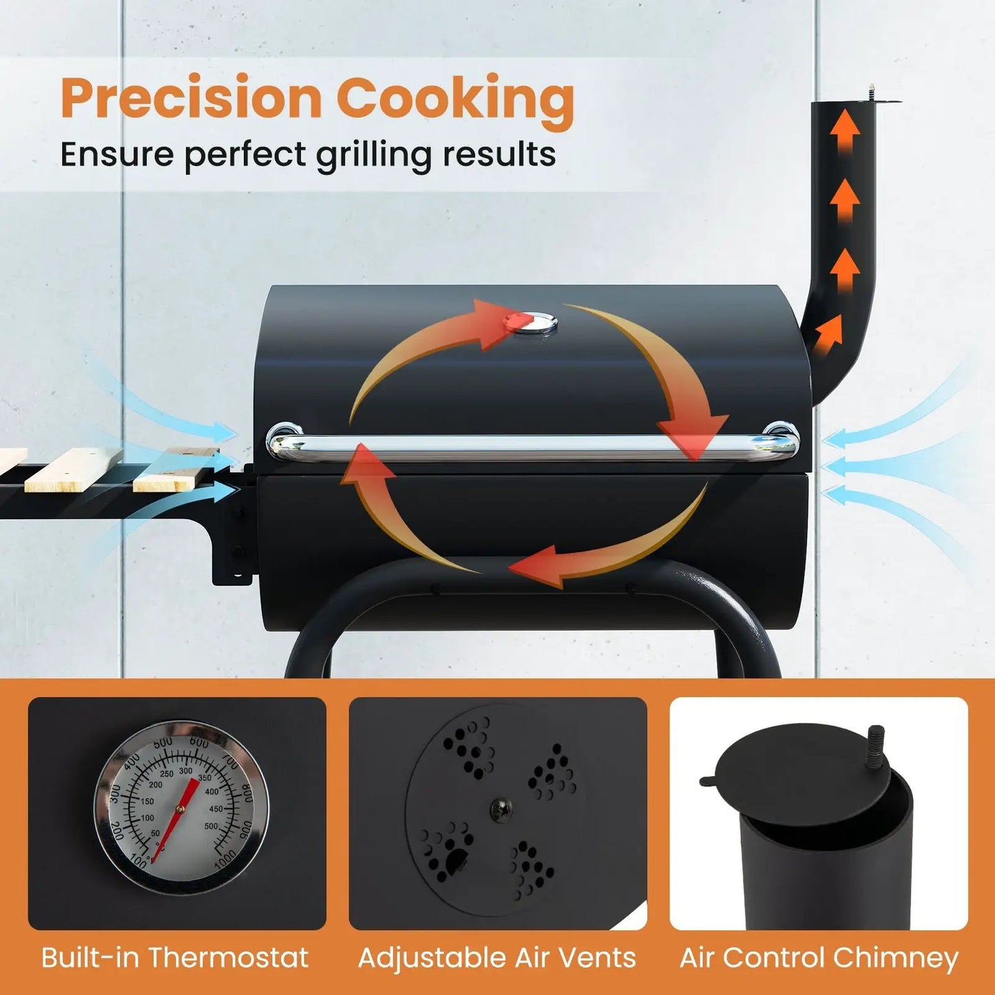 Barrel charcoal grill with built-in thermostat and foldable side table DirectDeals black grill on Tampa Home & Garden Store
