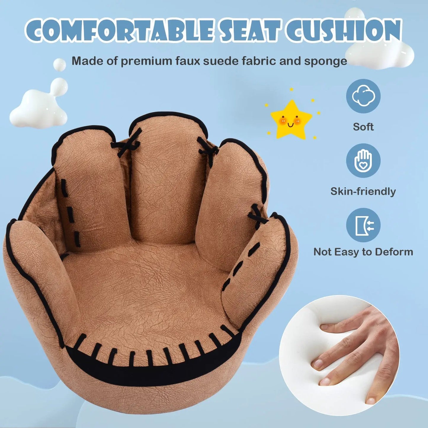Household Baseball Glove Shaped Kids Sofa in tan faux suede with black stitching on Tampa Home & Garden Store