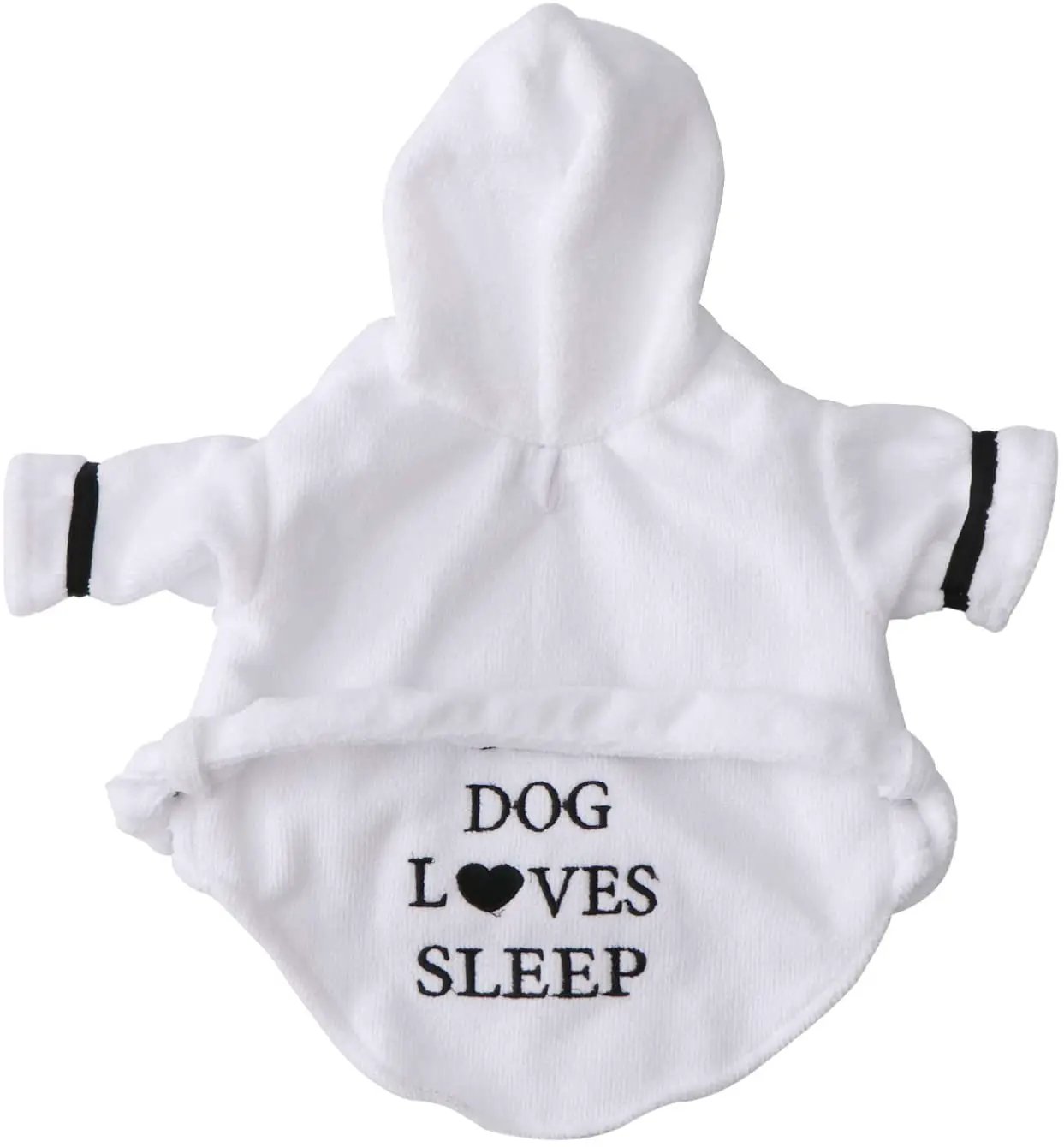 Dog bath robe with hood for small dogs, white terry with black trim, DOG LOVES SLEEP on Tampa Home & Garden Store