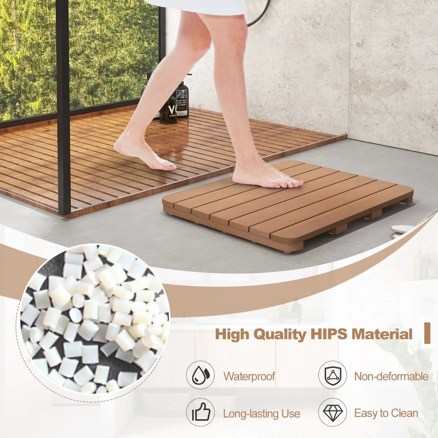 Waterproof HIPS shower mat with non-slip pads in brown wood-look slats on Tampa Home & Garden Store