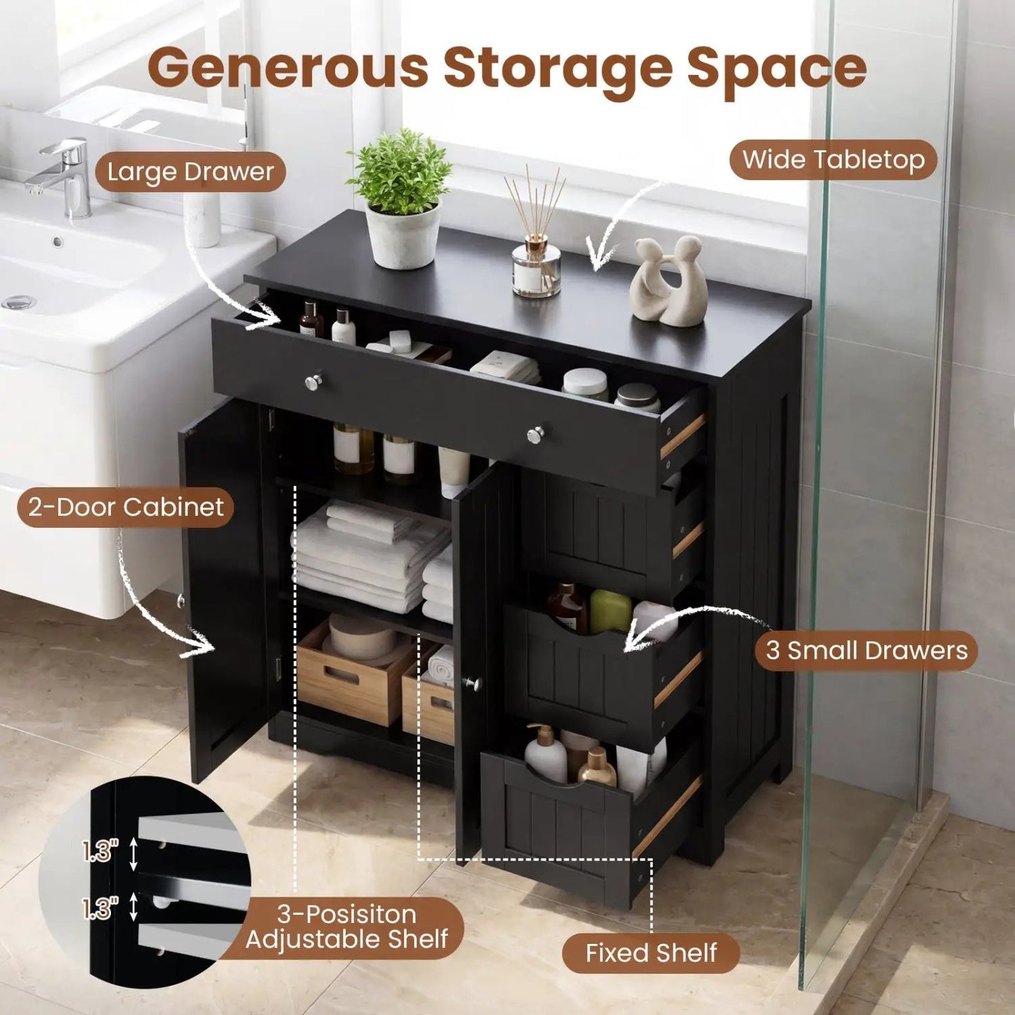 Bathroom Floor Cabinet with 4 Drawers and 2 Doors