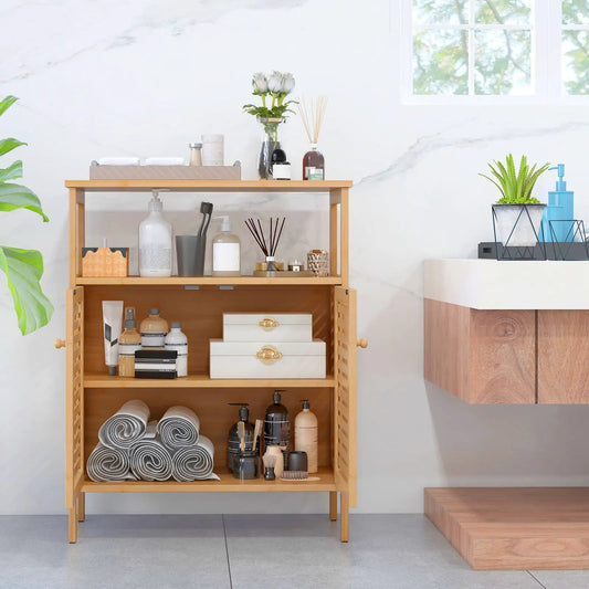 Bamboo bathroom floor cabinet with shutter doors, natural finish, open shelves with towels on Tampa Home & Garden Store