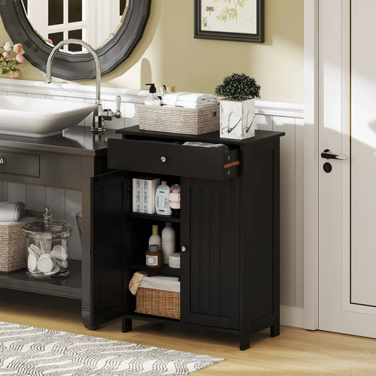 DirectDeals freestanding Bathroom Floor Cabinet With 2 Doors, black finish, vertical slat doors on Tampa Home & Garden Store