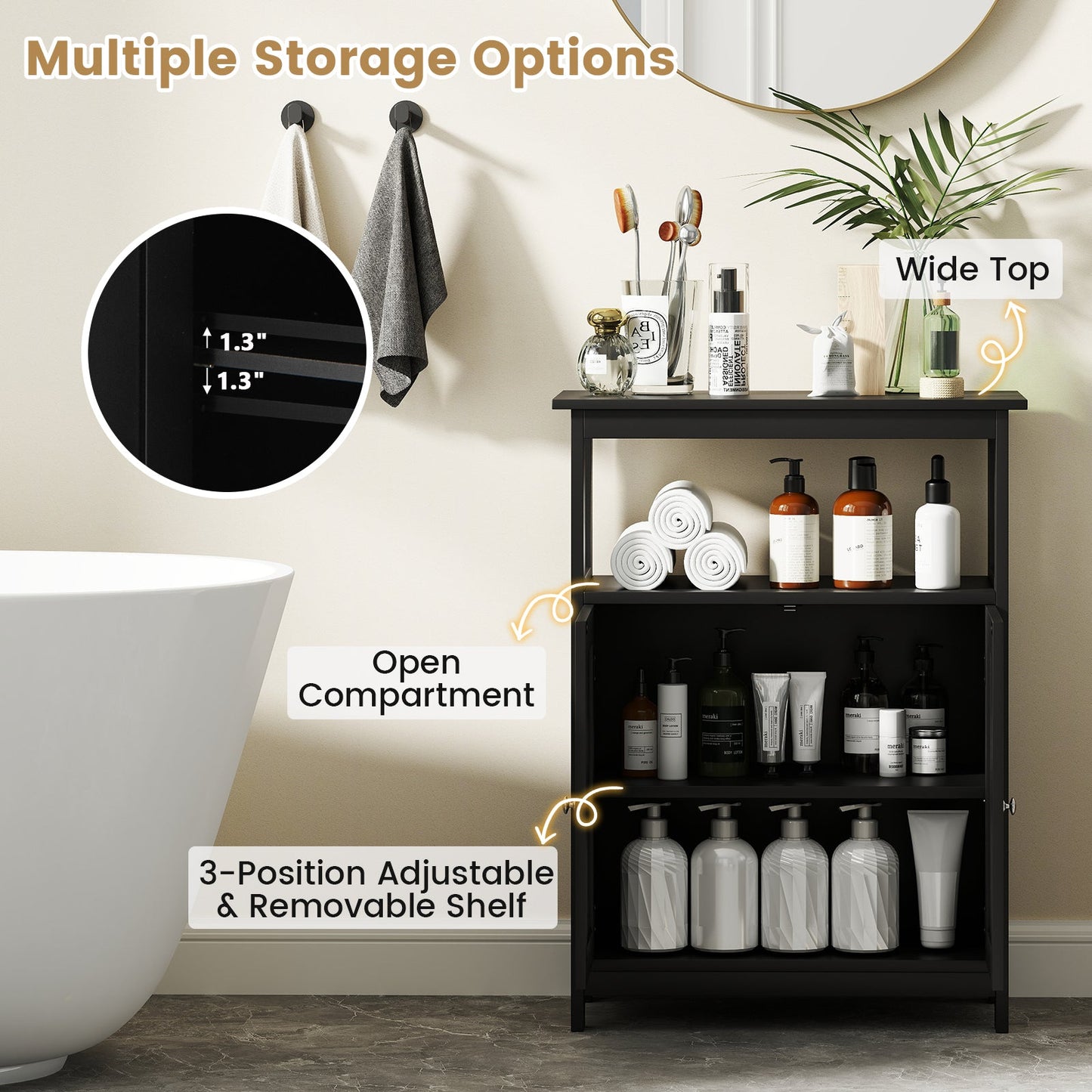 Bathroom Floor Cabinet Freestanding Storage Organizer with Open Compartment-Black