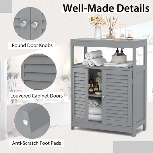 Freestanding gray bathroom cabinet with double louvered doors and round knobs by DirectDeals on Tampa Home & Garden Store