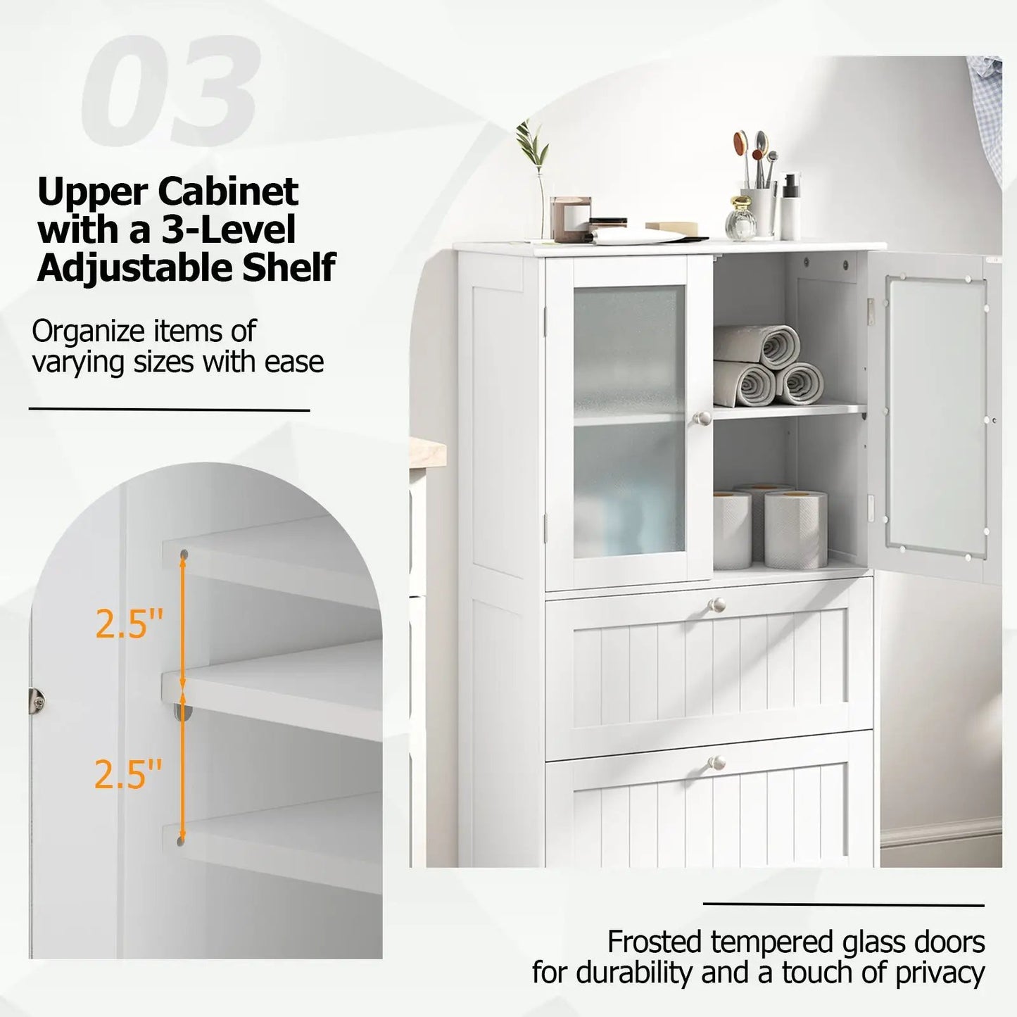 Bathroom Floor Storage Cabinet with 2 Drawers white unit with frosted glass doors on Tampa Home & Garden Store