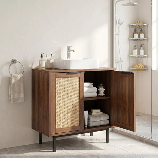 Bathroom vanity cabinet with rattan door panel and open storage, wood finish, vessel sink, DirectDeals on Tampa Home & Garden Store