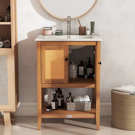 Bathroom Vanity with Sink and Rattan Doors in natural wood, white countertop, chrome faucet on Tampa Home & Garden Store