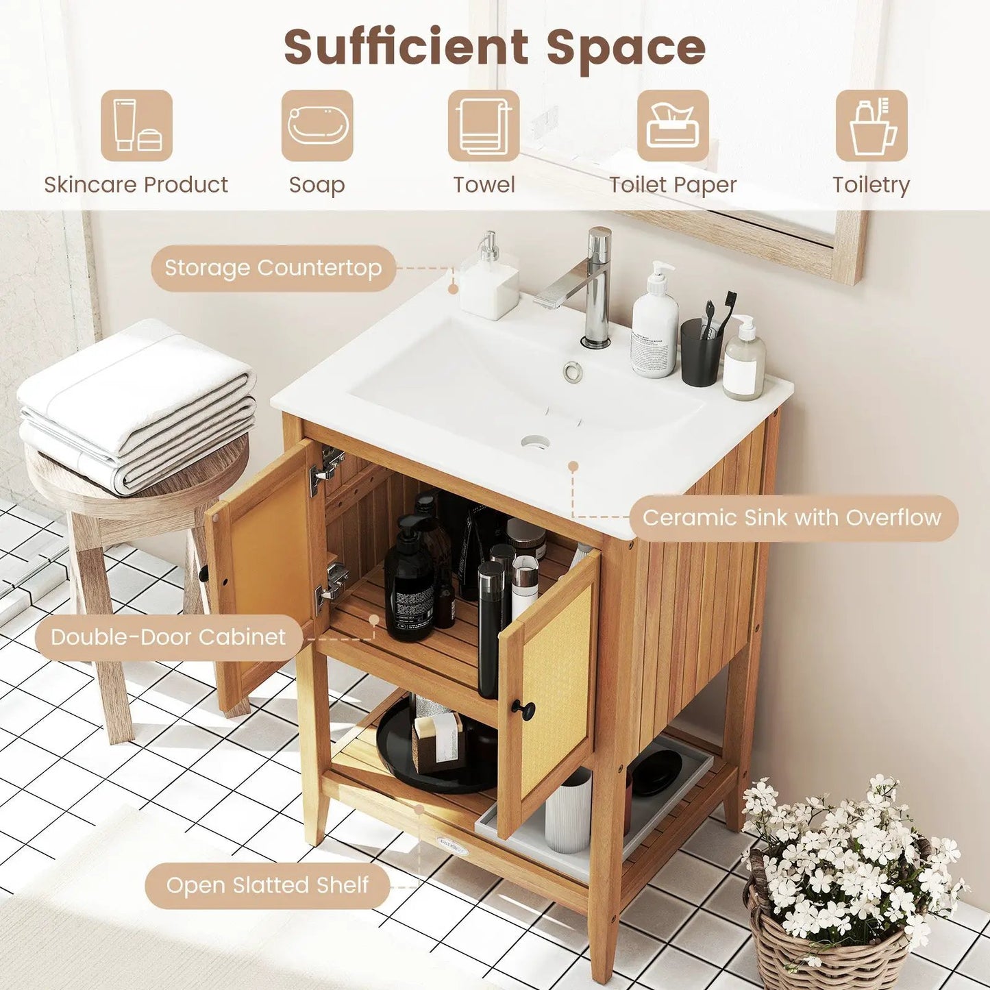 Bathroom Vanity with Sink and Rattan Doors - wooden vanity, ceramic sink, slatted shelf on Tampa Home & Garden Store
