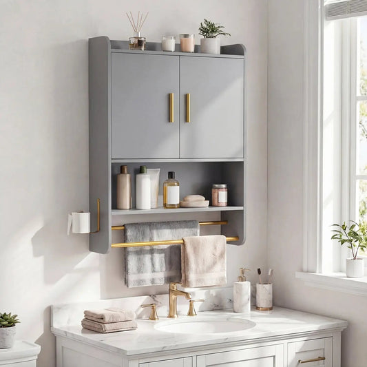 DirectDeals gray bathroom wall cabinet with towel bars, gold handles and open shelf for toiletries on Tampa Home & Garden Store