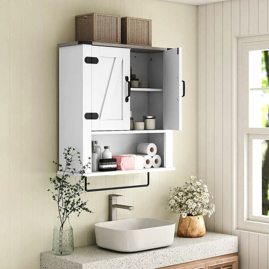 Farmhouse wall cabinet with towel bar in white by DirectDeals, black hardware and baskets on Tampa Home & Garden Store