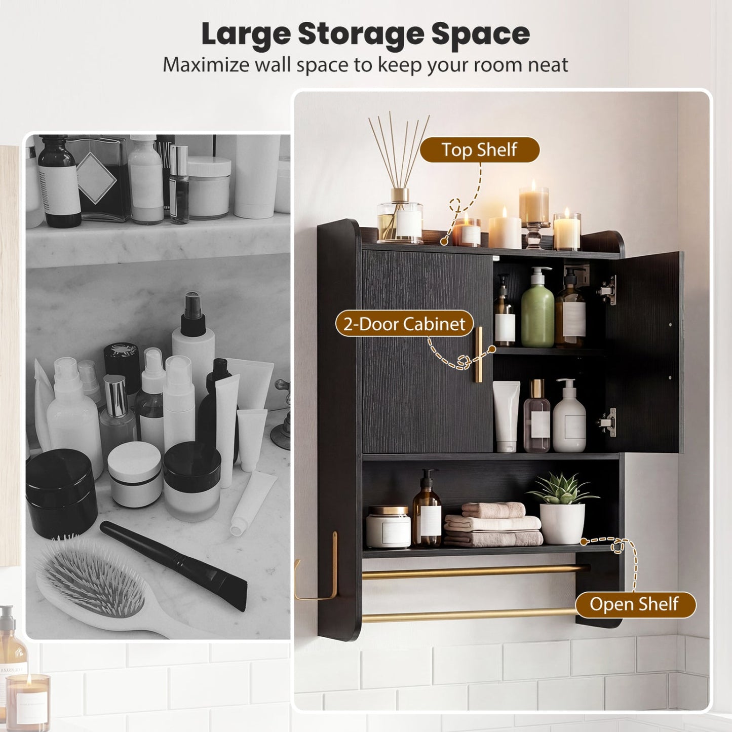 Wall Mounted Bathroom Cabinet DirectDeals, black finish with towel bars, 2-door cabinet on Tampa Home & Garden Store