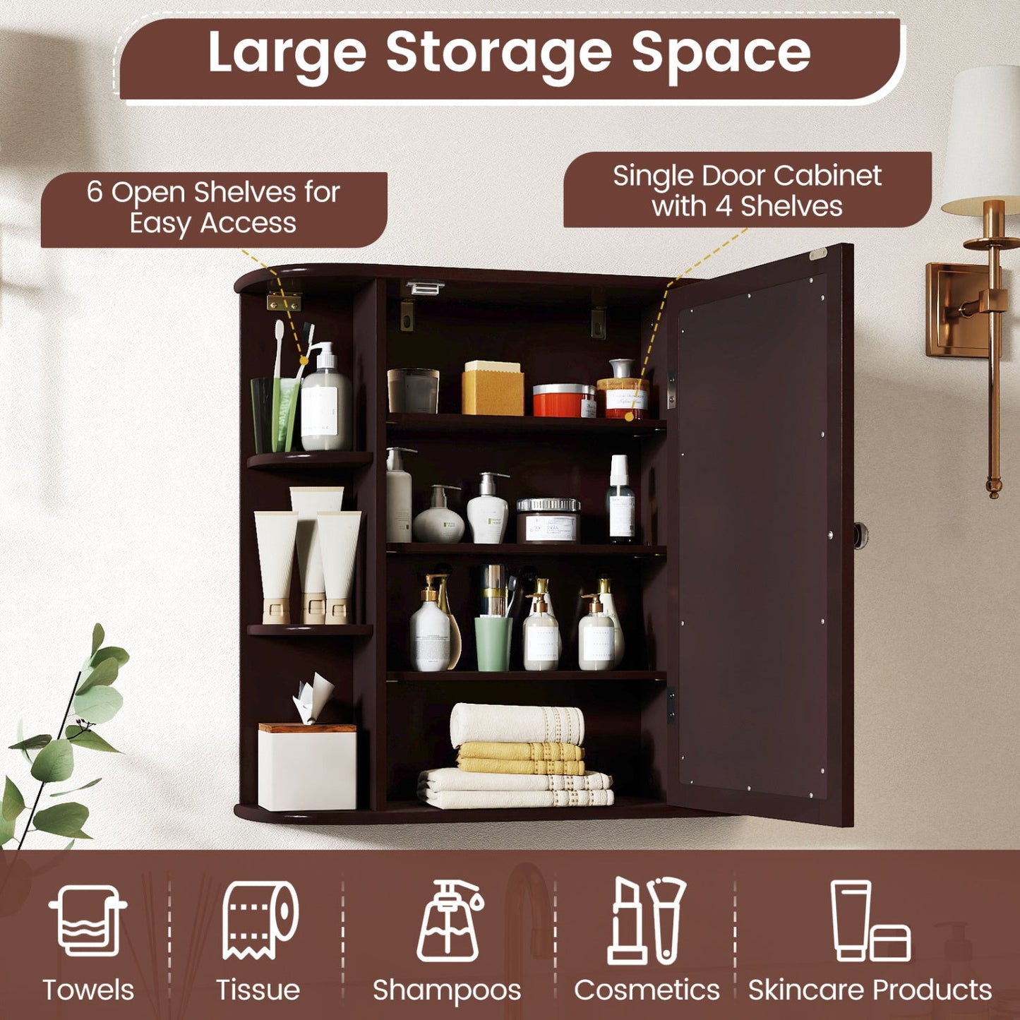 Bathroom Wall Cabinet with Mirror Door by DirectDeals dark brown 6 left shelves 4 shelves Store on Tampa Home & Garden Store