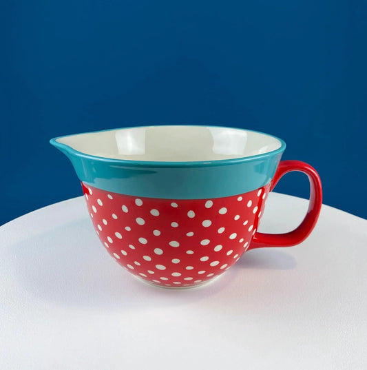 Red White Blue Dotted Oversized Mixing Bowl set with two bowls teal interior red handle on Tampa Home & Garden Store