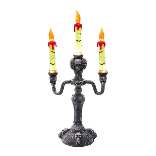 Battery-operated Halloween LED candelabra, black metal with 3 yellow candles 15 inch, Kurt Adler on Tampa Home & Garden Store