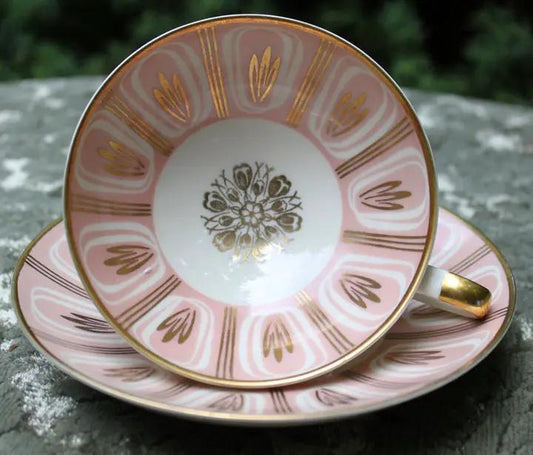 Bavarian pink teacup and saucer set with gold trim and central floral medallion SM 1110 on Tampa Home & Garden Store