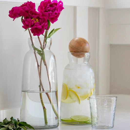 Baylor tall decanter in clear glass with mango wood stopper White Cliff Studio decanter on Tampa Home & Garden Store