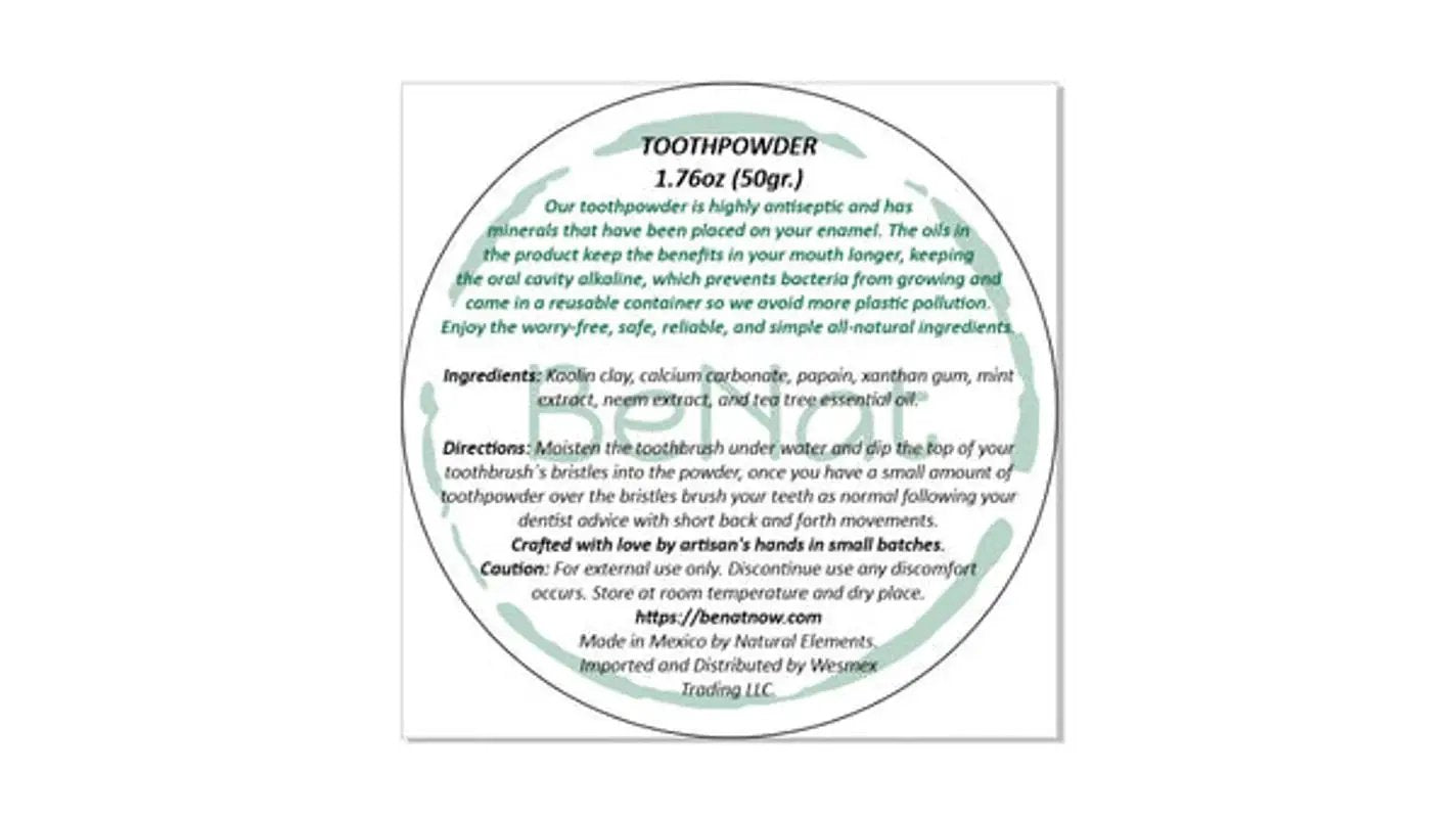 BeNat All-Natural Toothpowder label, round with teal design on Tampa Home & Garden Store
