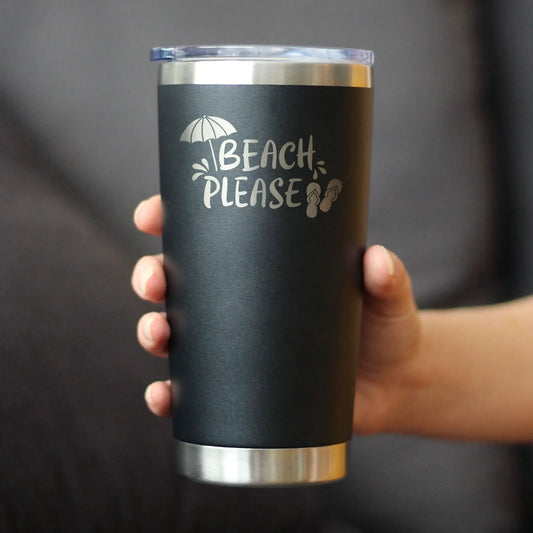 Beach Please insulated coffee tumbler with sliding lid, black matte finish and beach graphic on Tampa Home & Garden Store