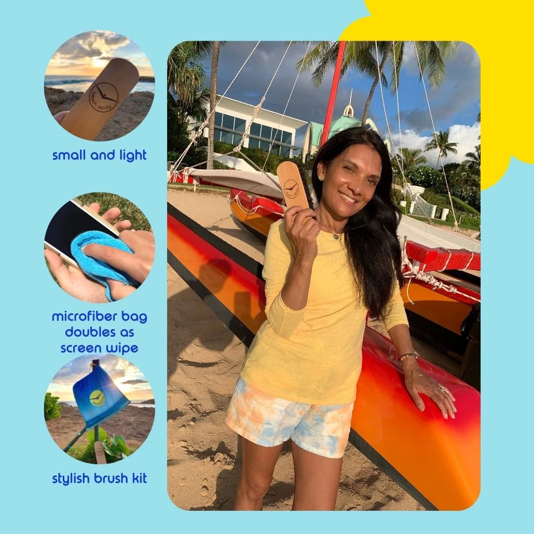 Beach Sandy Brush Kit – Eco-Friendly Sand Remover with Beech Wood Brushes & Microfiber Towel Bag – Portable Beach Accessory for Feet, Gear, & Pets - Tampa Home & Garden Store