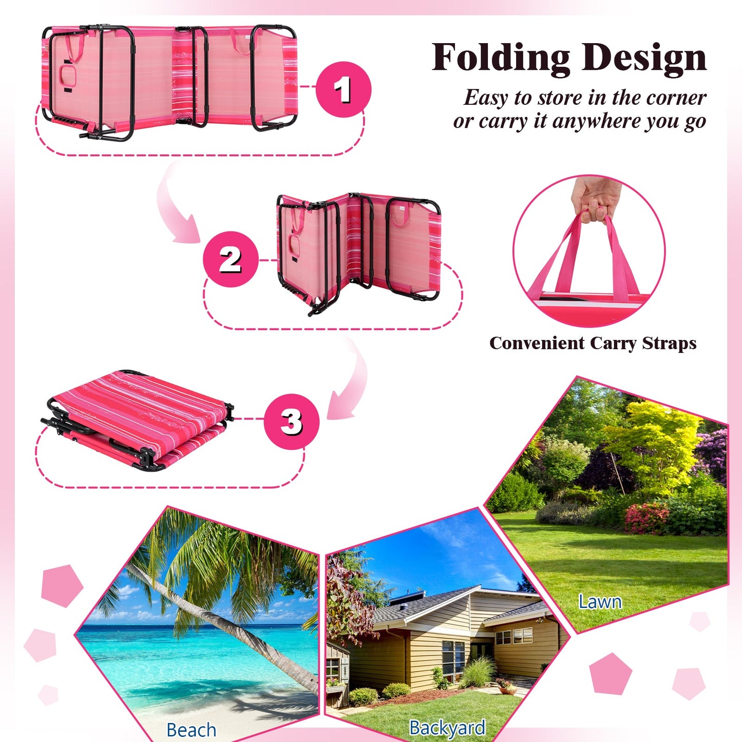 Tumbona de playa con orificio facial y almohada extraíble - Rosa intenso