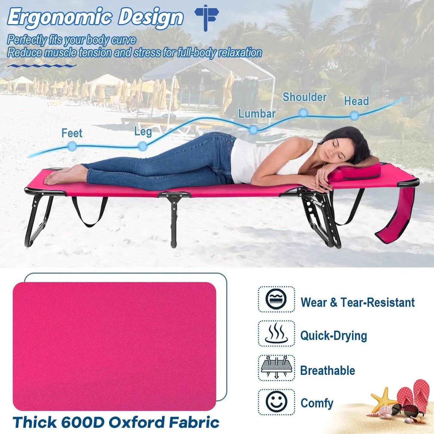 Beach Chaise Lounge Chair with Face Hole and Removable Pillow-Pink - Tampa Home & Garden Store