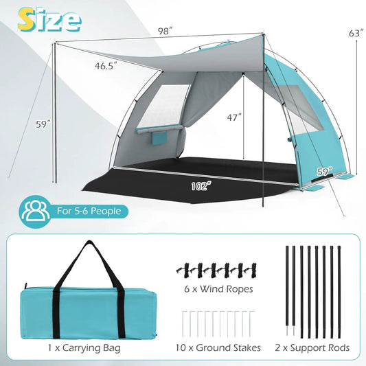 Beach Tent Sun Shelter with Canopy, UPF50+, turquoise/gray, 5β6 people, carrying bag shown on Tampa Home & Garden Store