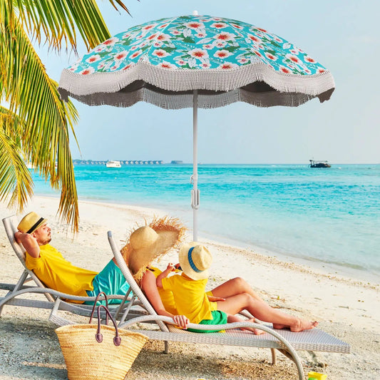 6.5 FT Beach Umbrella with Fringe Outdoor Tassel Umbrella with Push Button Tilt-Green - Tampa Home & Garden Store